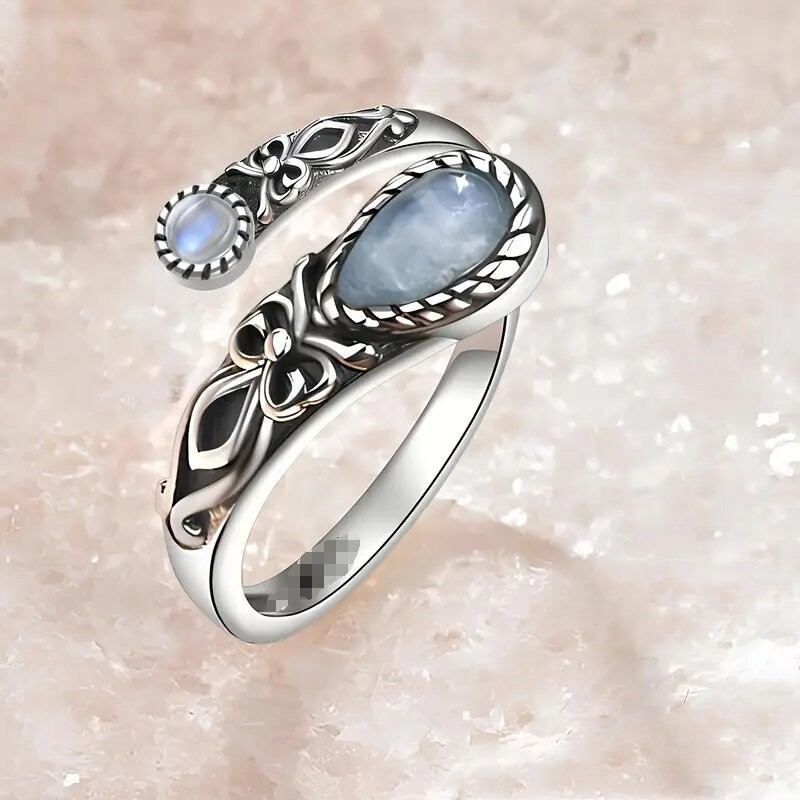Vintage Oxidized S925 Silver Gemstone Open Ring