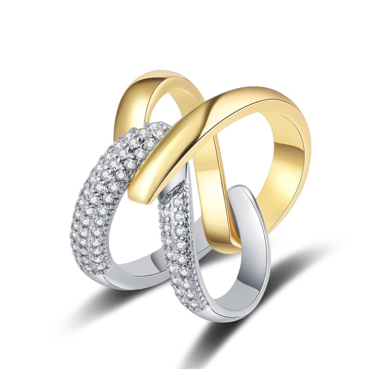 Intertwined Starburst Sterling Silver Diamond Double-Band Ring｜Two-Tone Texture for Daily Elegance