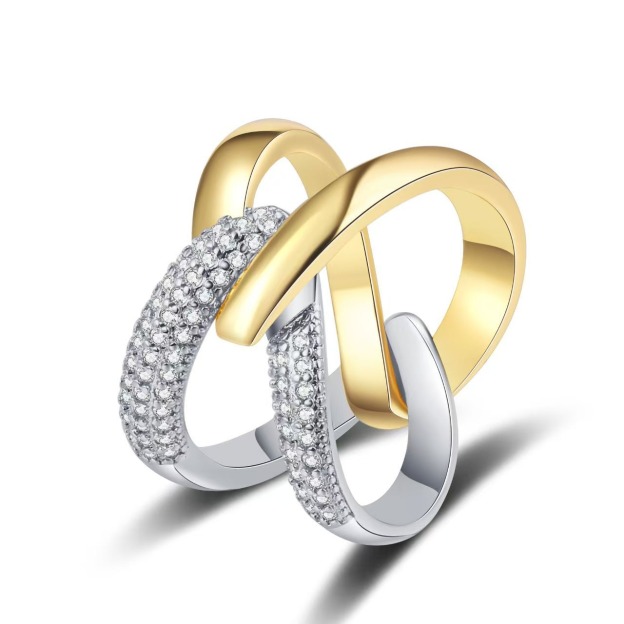 Intertwined Starburst Sterling Silver Diamond Double-Band Ring｜Two-Tone Texture for Daily Elegance