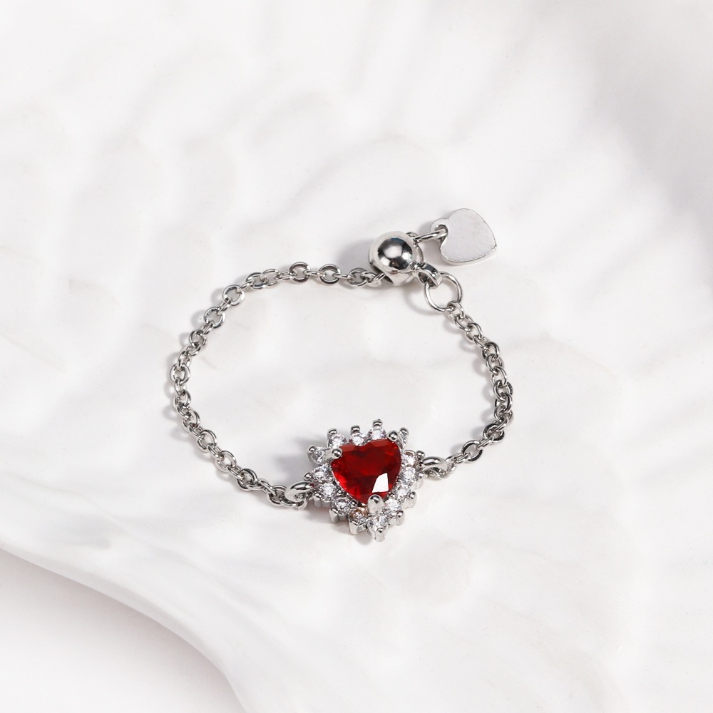 Multi-Color Heart-Shaped Gemstone Chain Adjustable Ring