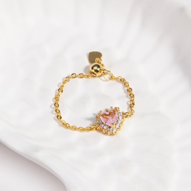 Multi-Color Heart-Shaped Gemstone Chain Adjustable Ring