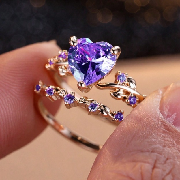 Multi-Color Heart Gemstone Vine Ring Set - Women's Light Luxury Romantic Diamond-Encrusted Accessory