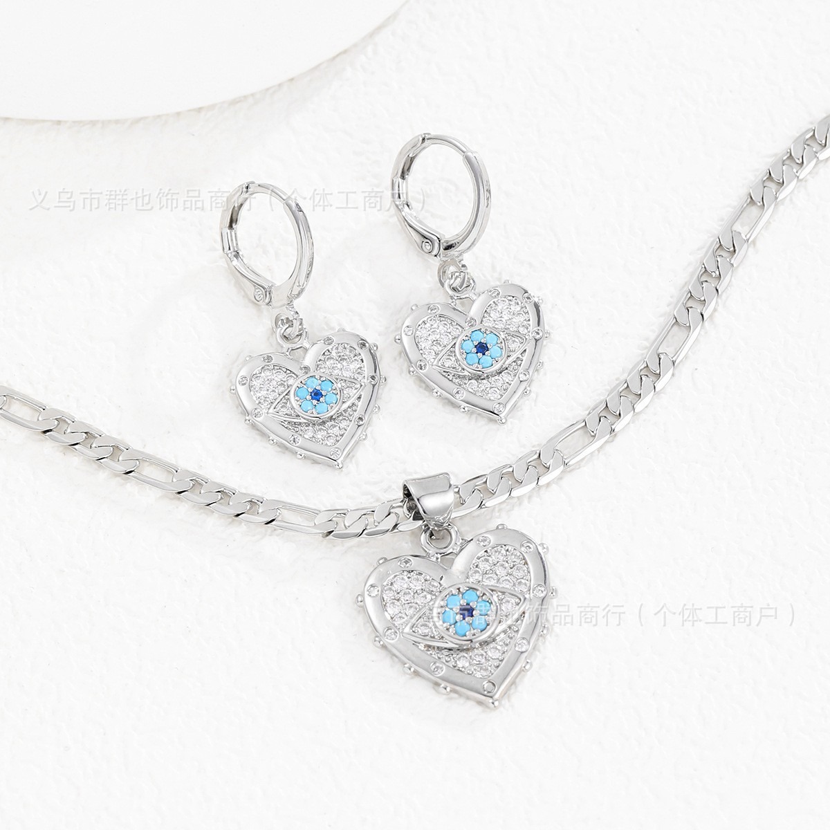 Evil Eye Guardian Heart Pave Diamond Necklace Earrings Set