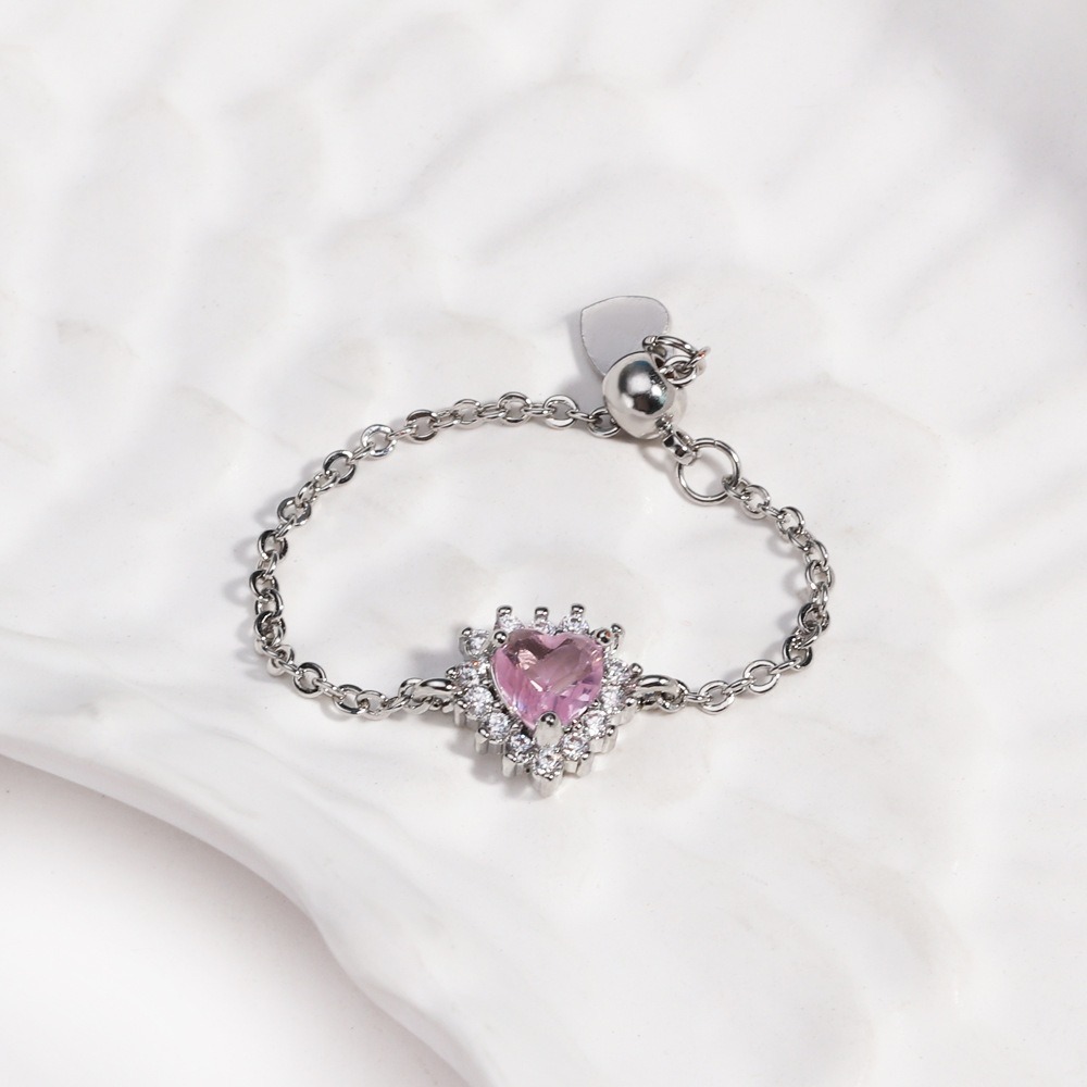 Multi-Color Heart-Shaped Gemstone Chain Adjustable Ring