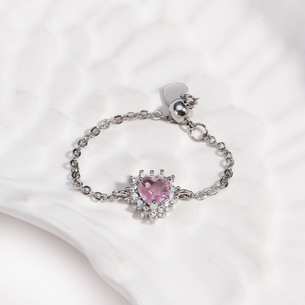 Multi-Color Heart-Shaped Gemstone Chain Adjustable Ring