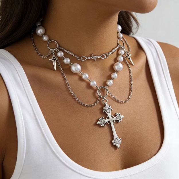Sacred Star Pearl Chain S925 Sterling Silver Pearl Cross Layered Necklace