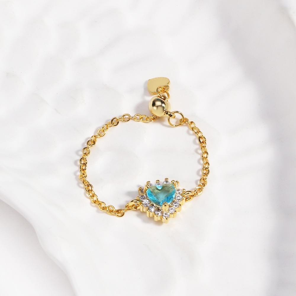 Multi-Color Heart-Shaped Gemstone Chain Adjustable Ring