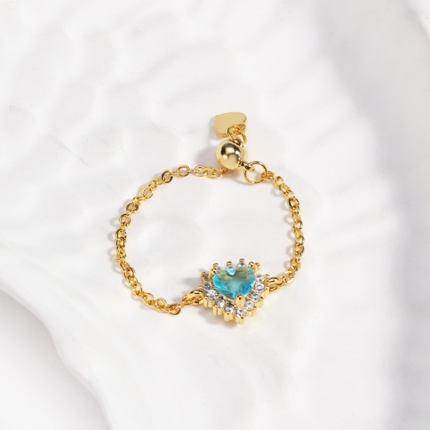 Multi-Color Heart-Shaped Gemstone Chain Adjustable Ring