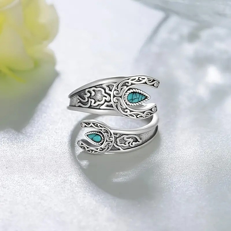 Vintage Oxidized S925 Silver Gemstone Open Ring