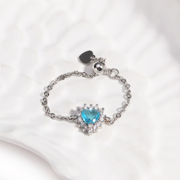 Multi-Color Heart-Shaped Gemstone Chain Adjustable Ring