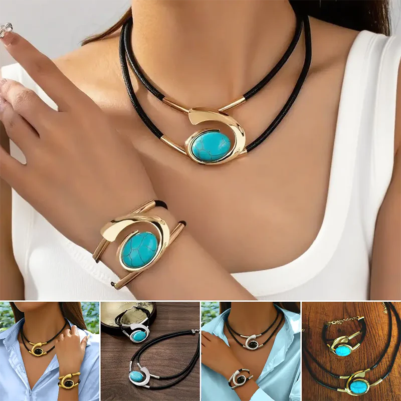 📿 50% DE RÉDUCTION ! ✨ Ensemble Collier & Bracelet Pierre Acrylique Bohème - Design Vintage Léger et Élégant, Cadeau Parfait pour les Amatrices de Mode 👒📦