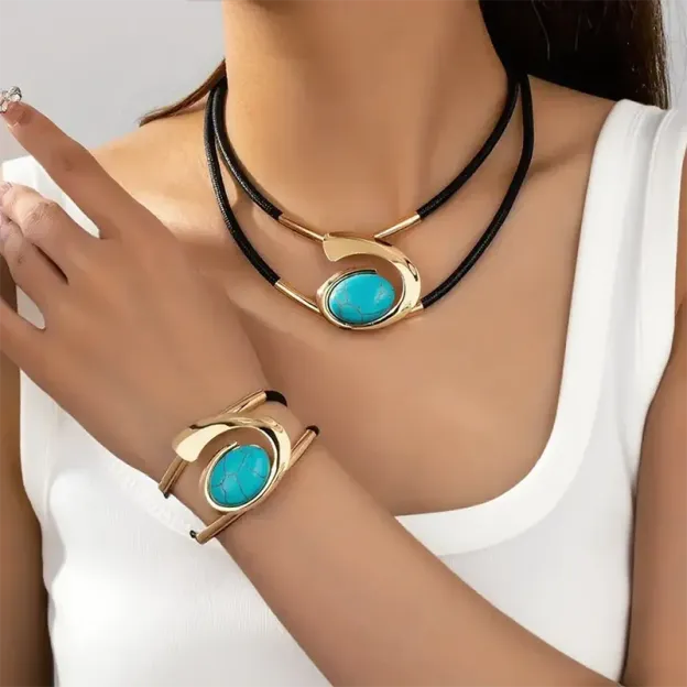 📿 50% DE RÉDUCTION ! ✨ Ensemble Collier & Bracelet Pierre Acrylique Bohème - Design Vintage Léger et Élégant, Cadeau Parfait pour les Amatrices de Mode 👒📦