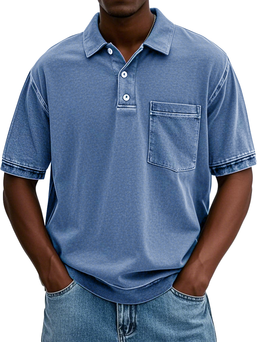 Men's Vintage Washed And Distressed Pure Cotton Lapel Short-sleeved Polo Shirt
