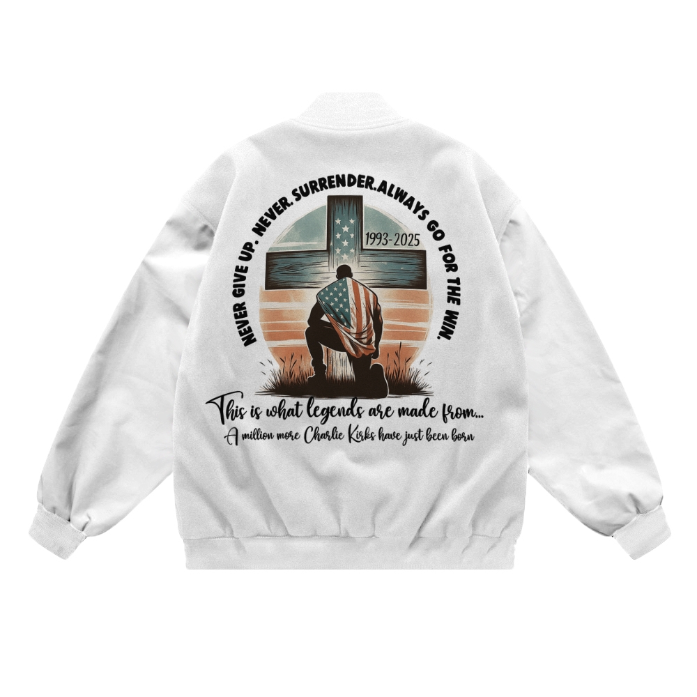 Never Give Up Never Surrender Always Go For The Win Patriotic-themed baseball jacket featuring pockets-TP MERCH