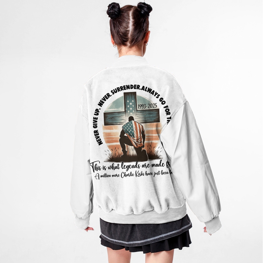 Never Give Up Never Surrender Always Go For The Win Patriotic-themed baseball jacket featuring pockets-TP MERCH