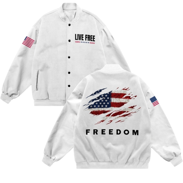 Freedom American Flag Patriotic-themed baseball jacket featuring pockets-TP MERCH