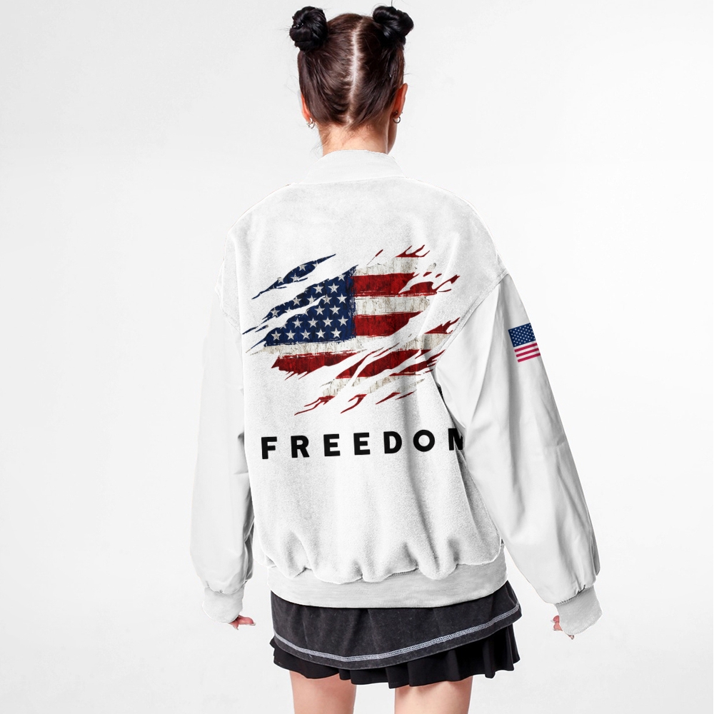Freedom American Flag Patriotic-themed baseball jacket featuring pockets-TP MERCH