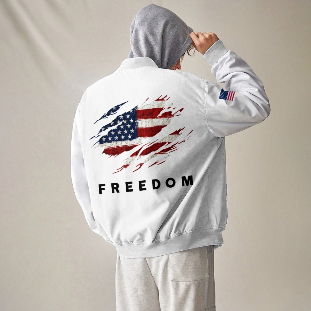 Freedom American Flag Patriotic-themed baseball jacket featuring pockets-TP MERCH