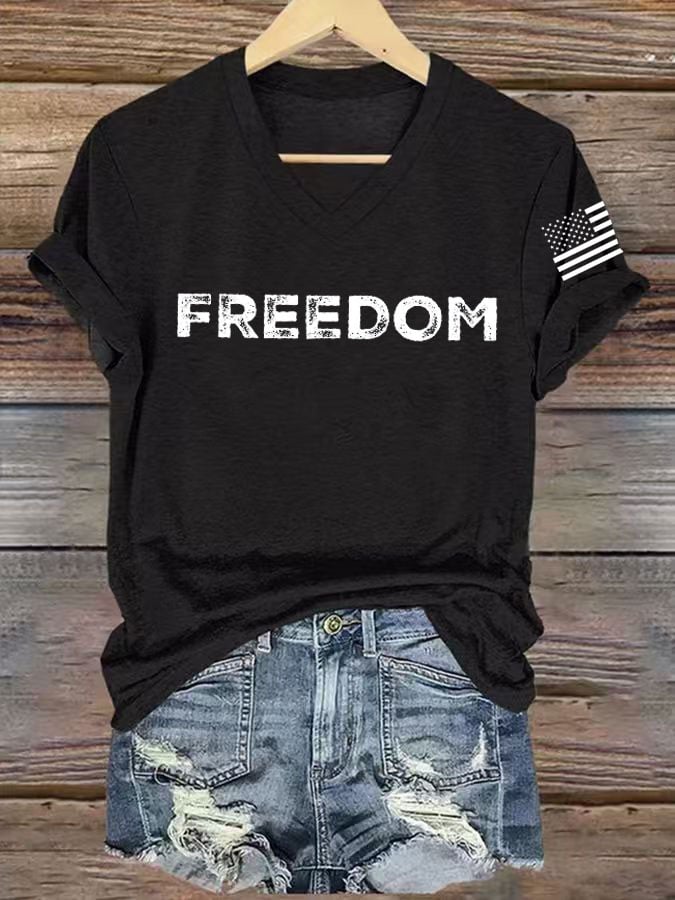 Women's freedom Print V-Neck T-Shirt-TP MERCH