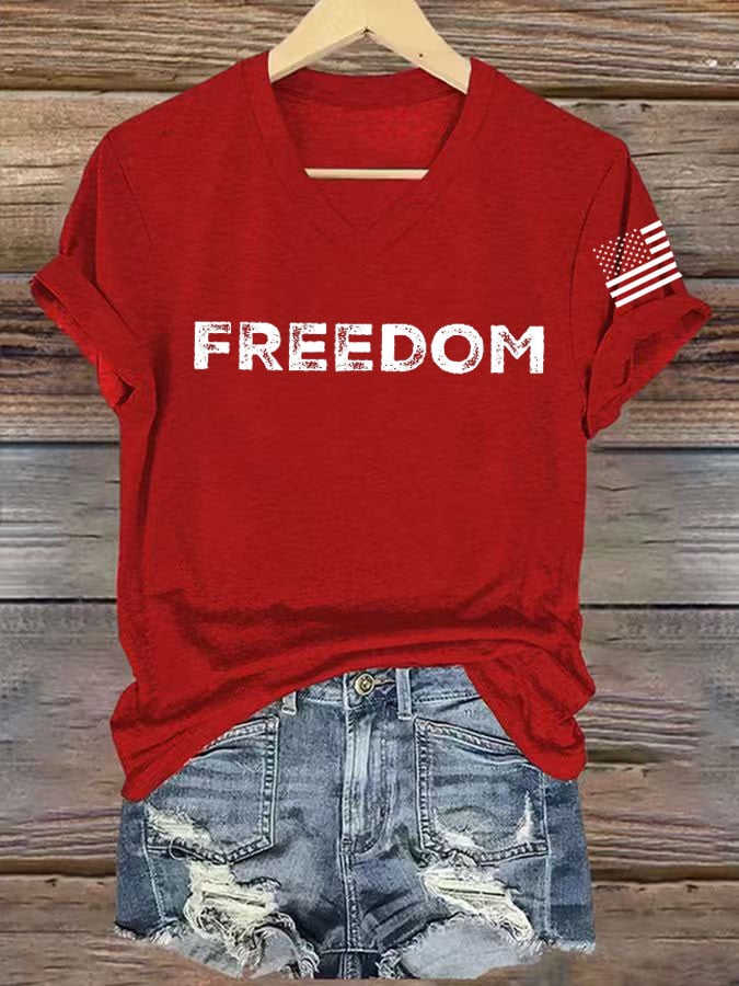 Women's freedom Print V-Neck T-Shirt-TP MERCH