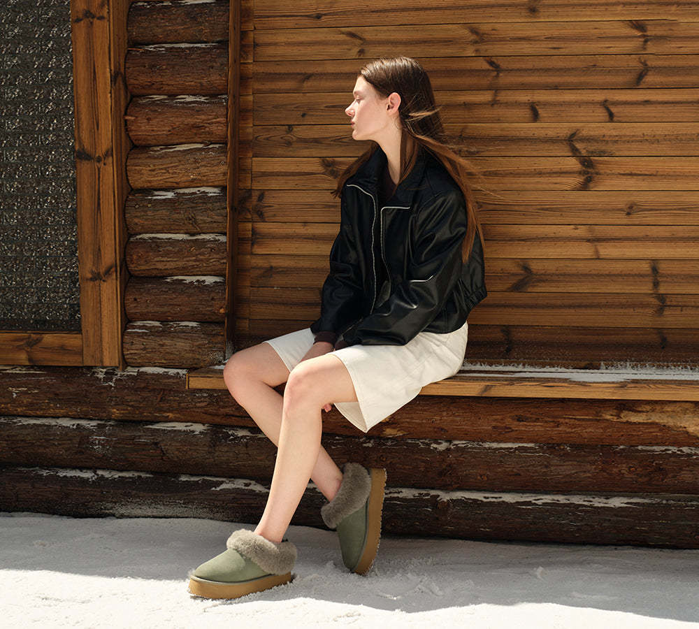 AUSTRALIAN SHEPHERD® UGG Slippers Sheepskin Wool Collar Ankle Platform Glacial