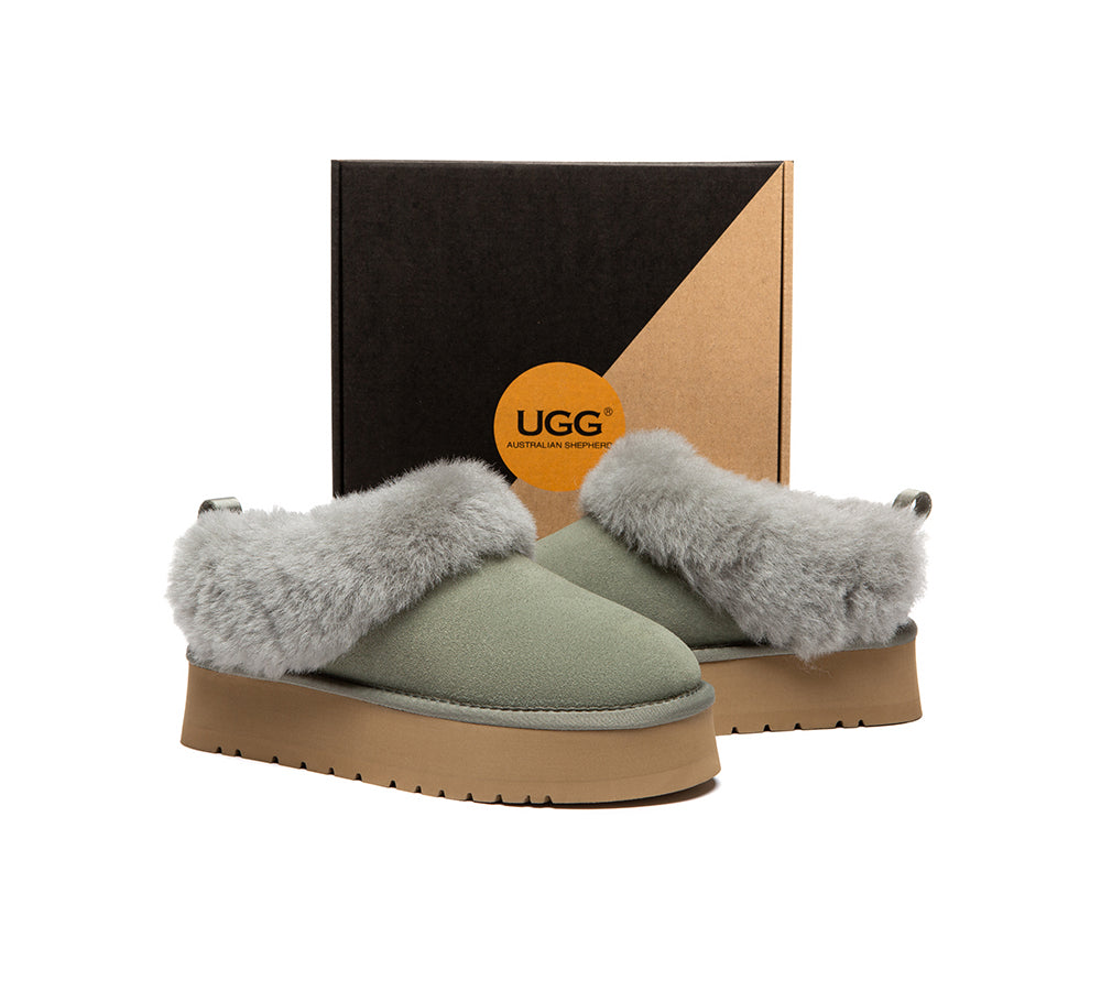 AUSTRALIAN SHEPHERD® UGG Slippers Sheepskin Wool Collar Ankle Platform Glacial