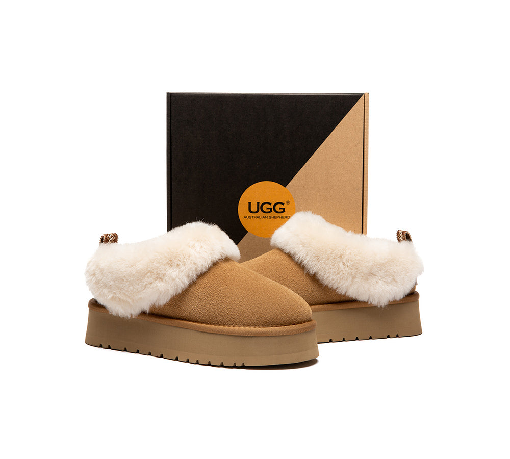 AUSTRALIAN SHEPHERD® UGG Slippers Sheepskin Wool Collar Ankle Platform Glacial