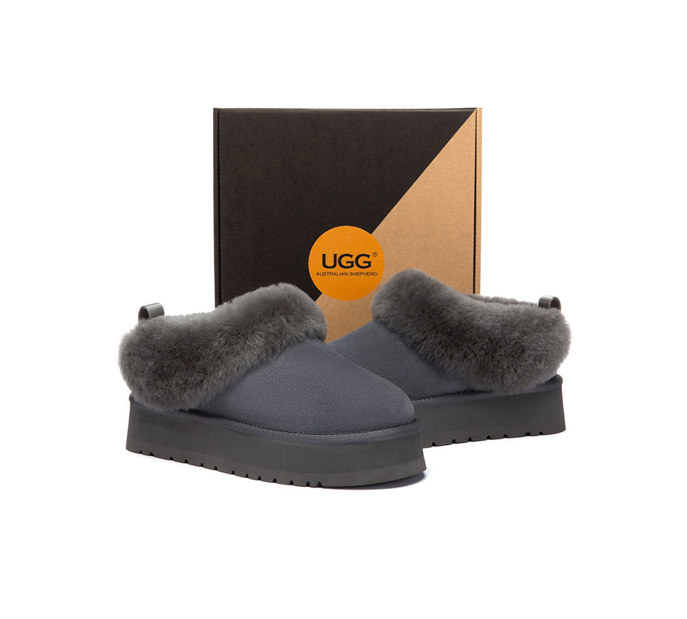 AUSTRALIAN SHEPHERD® UGG Slippers Sheepskin Wool Collar Ankle Platform Glacial