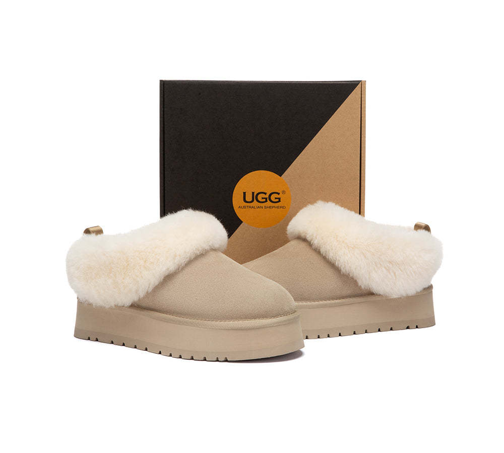 AUSTRALIAN SHEPHERD® UGG Slippers Sheepskin Wool Collar Ankle Platform Glacial