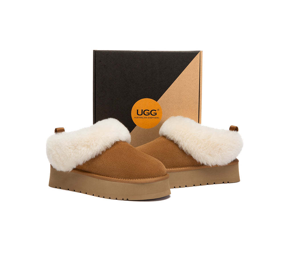 AUSTRALIAN SHEPHERD® UGG Slippers Sheepskin Wool Collar Ankle Platform Glacial