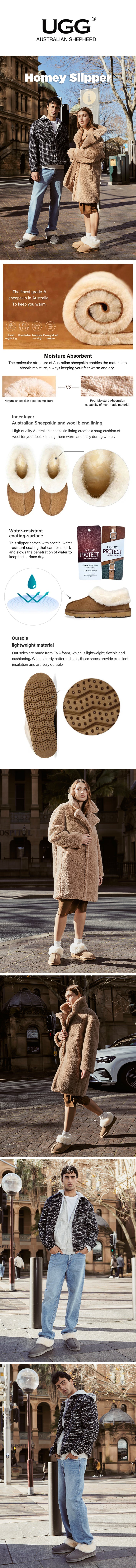 UGG Slippers Homey is comfortable and stylish, you’ll want to slip them on your feet as soon as you see them online. The Australia Sheepskin breathes and keeps your feet perfectly warm in winter and cool in summer.Unisex design perfect as a gift.