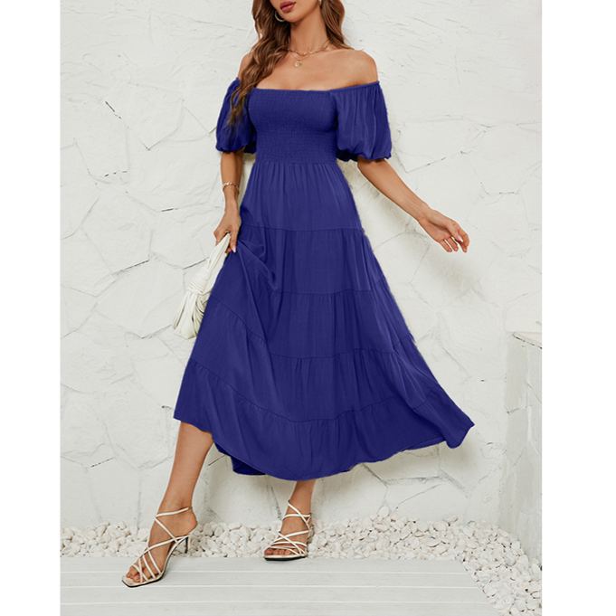 Women's Summer Solid Color High Waist Puff Sleeve Waist Dress for Women