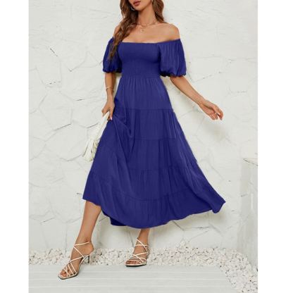 Women's Summer Solid Color High Waist Puff Sleeve Waist Dress for Women