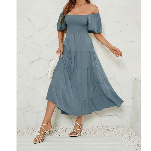 Women's Summer Solid Color High Waist Puff Sleeve Waist Dress for Women