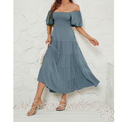 Women's Summer Solid Color High Waist Puff Sleeve Waist Dress for Women