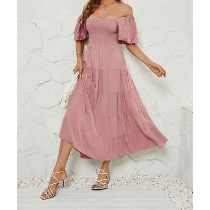 Women's Summer Solid Color High Waist Puff Sleeve Waist Dress for Women