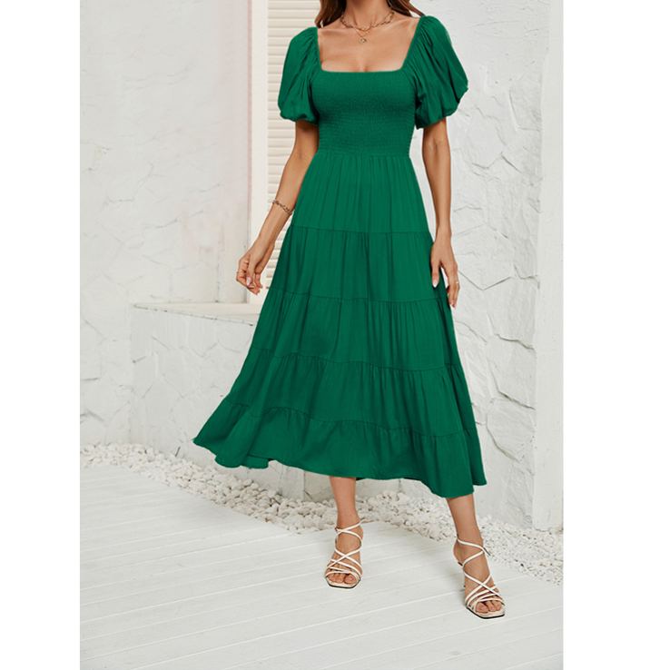 Women's Summer Solid Color High Waist Puff Sleeve Waist Dress for Women