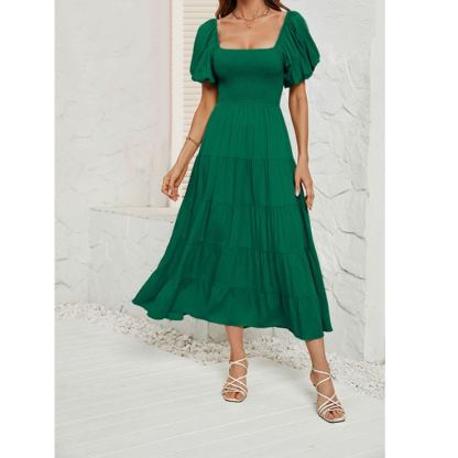 Women's Summer Solid Color High Waist Puff Sleeve Waist Dress for Women