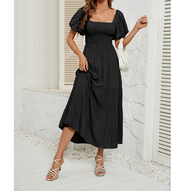 Women's Summer Solid Color High Waist Puff Sleeve Waist Dress for Women