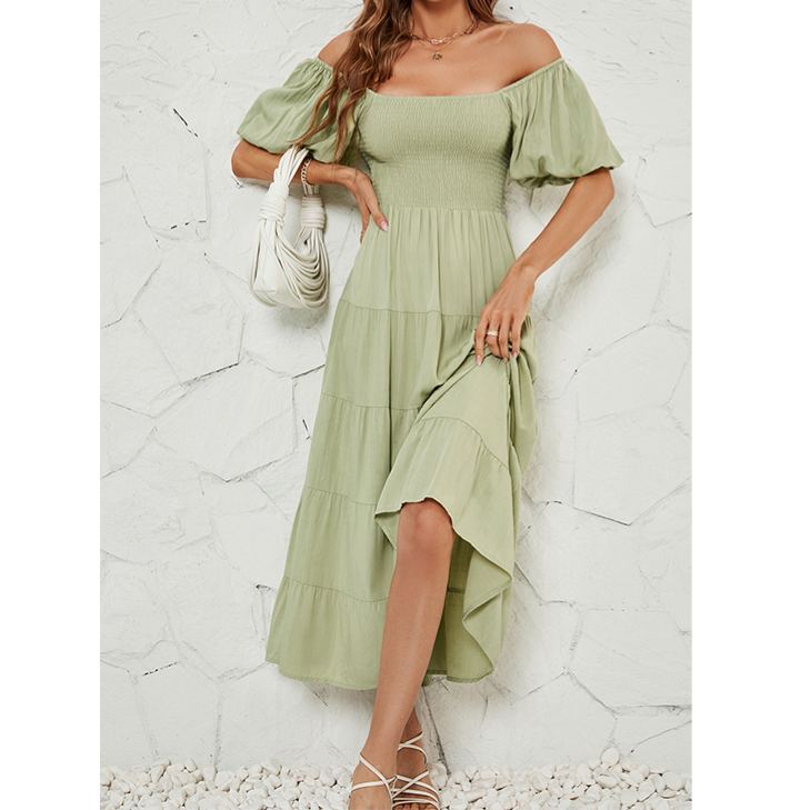 Women's Summer Solid Color High Waist Puff Sleeve Waist Dress for Women