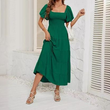 Women's Summer Solid Color High Waist Puff Sleeve Waist Dress for Women