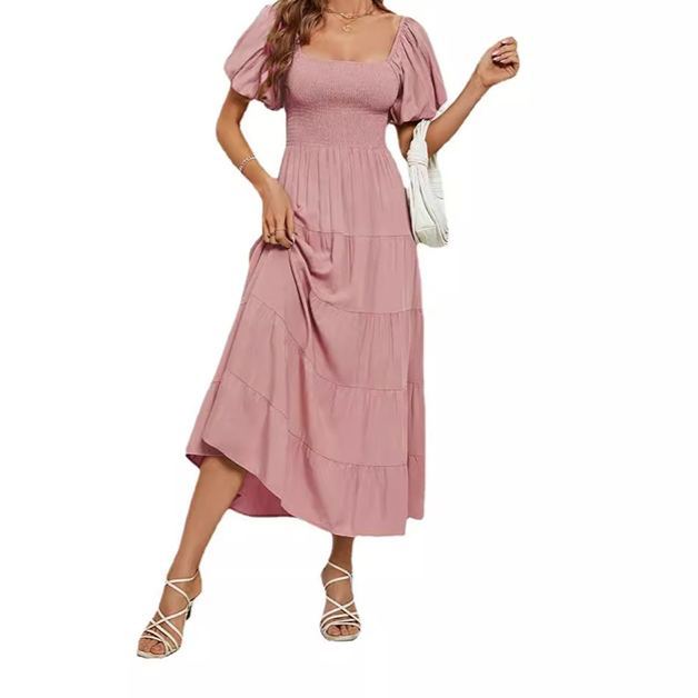 Women's Summer Solid Color High Waist Puff Sleeve Waist Dress for Women