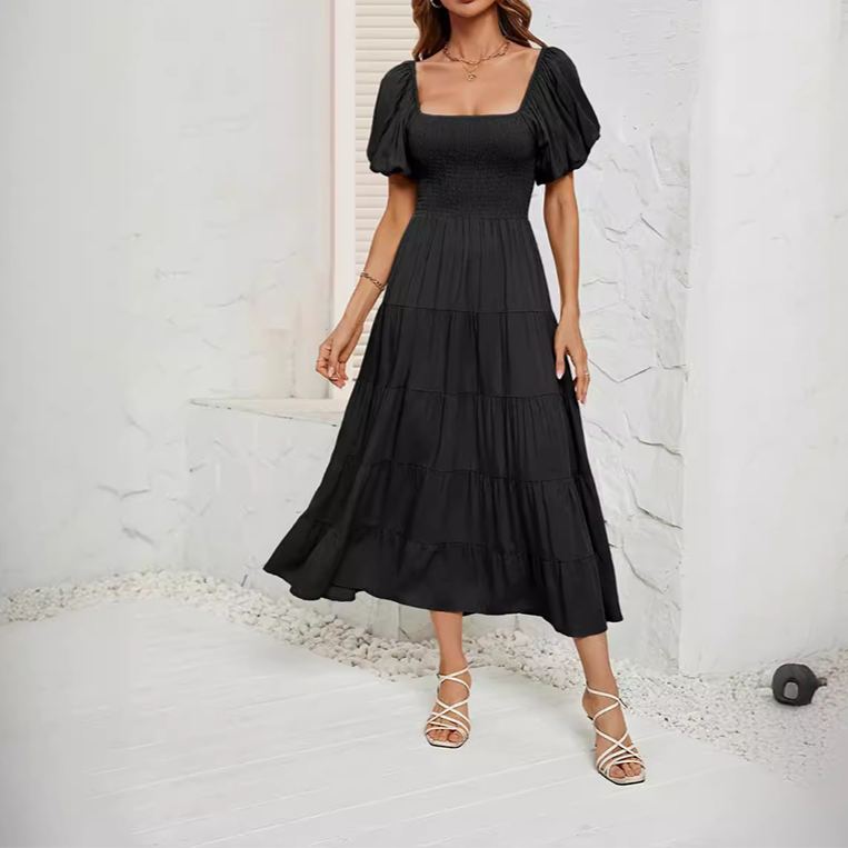 Women's Summer Solid Color High Waist Puff Sleeve Waist Dress for Women