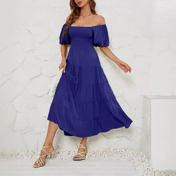 Women's Summer Solid Color High Waist Puff Sleeve Waist Dress for Women