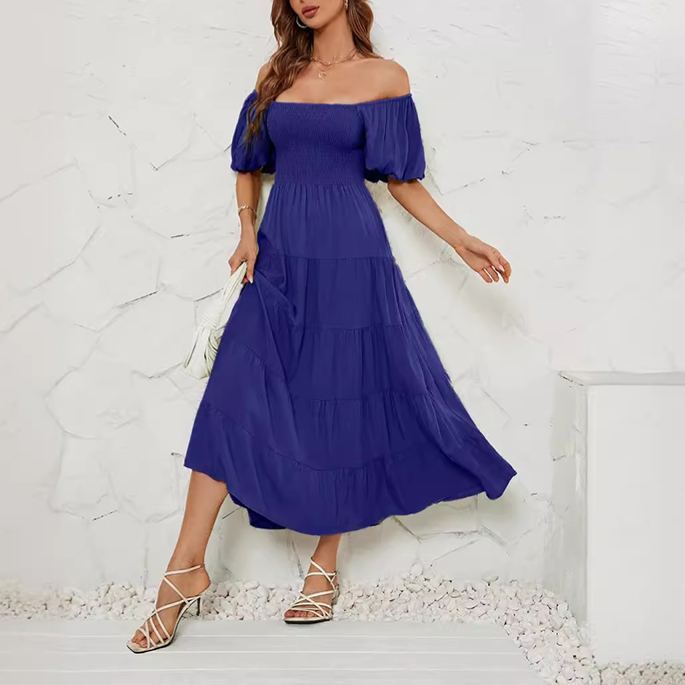 Women's Summer Solid Color High Waist Puff Sleeve Waist Dress for Women