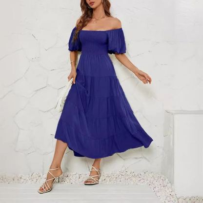 Women's Summer Solid Color High Waist Puff Sleeve Waist Dress for Women