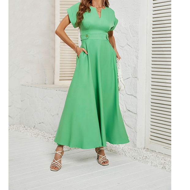 Summer fashion small V-neck short-sleeved waist dress for women