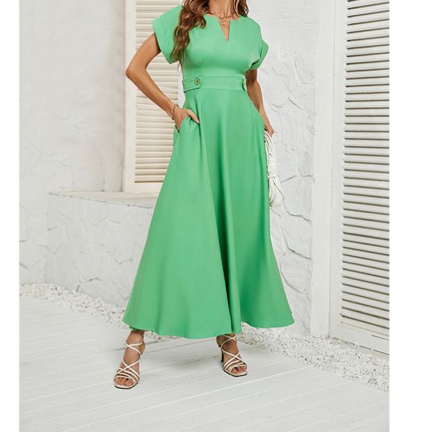 Summer fashion small V-neck short-sleeved waist dress for women