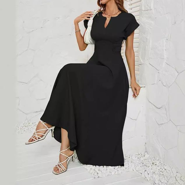 Summer fashion small V-neck short-sleeved waist dress for women
