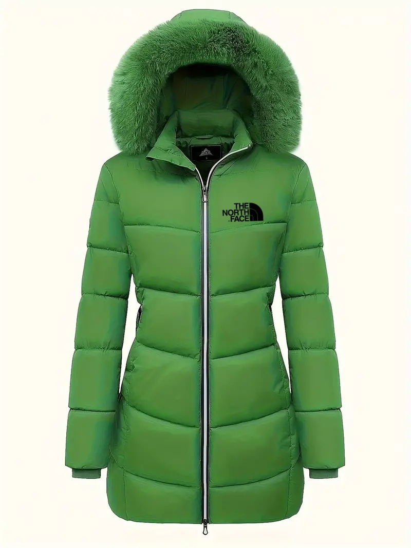 TNF®-Zipper Fur Lined Hooded Down Jacket Casual Warm Long Sleeve Fur Lined Warm Autumn and Winter Women's Clothing